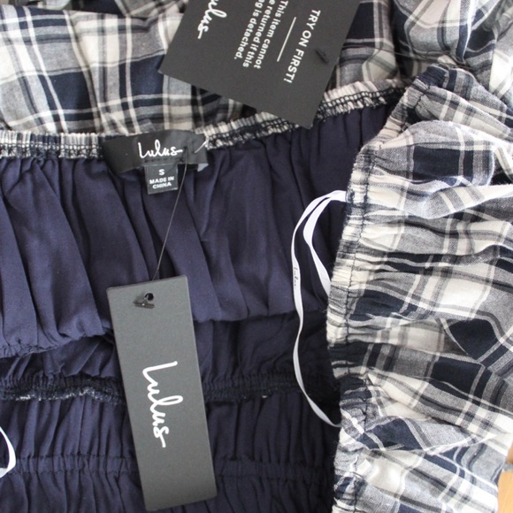 Lulus NWT Plaid Countryside Aura Navy Blue Plaid Short Sleeve Mini Dress Small - Picture 13 of 14